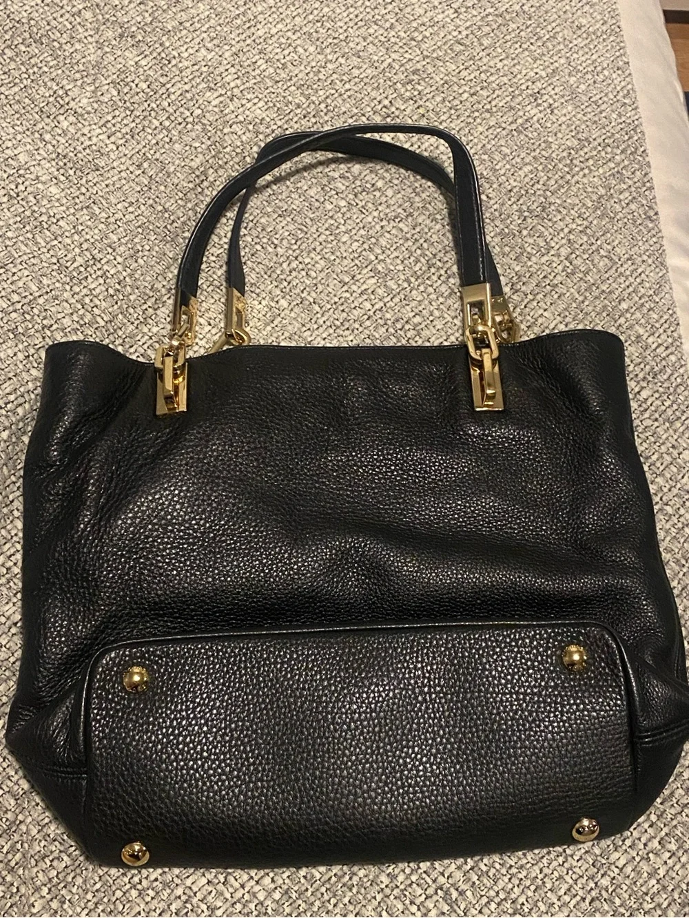Michael Kors Black Leather Tote with Gold Logo Plaque